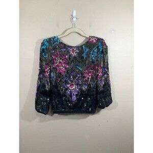 Vintage Swee Lo Womens Silk Beaded Sequined Shirt L Black 80s Glam Formal Party